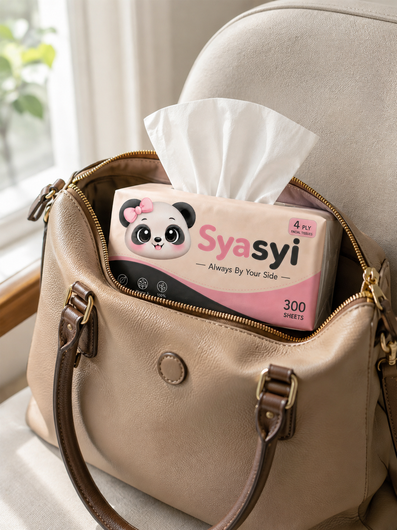 Syasyi facial tissue soft pack tucked into a handbag