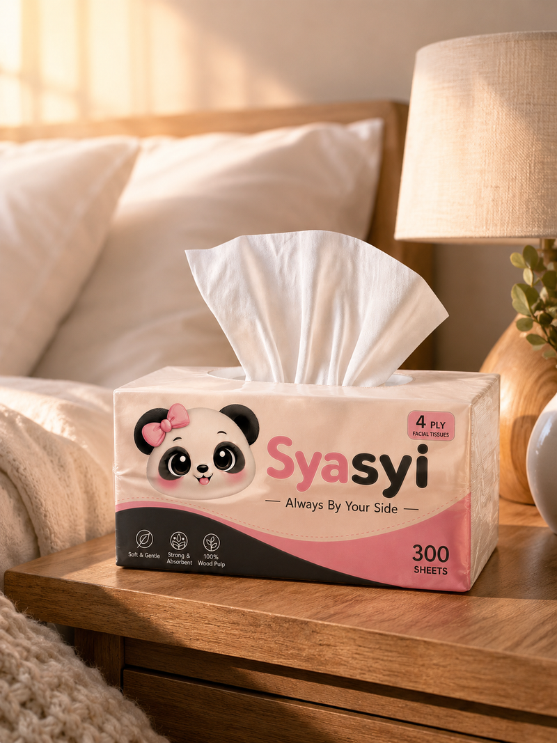 Syasyi facial tissue soft pack on a bedside table in warm morning light
