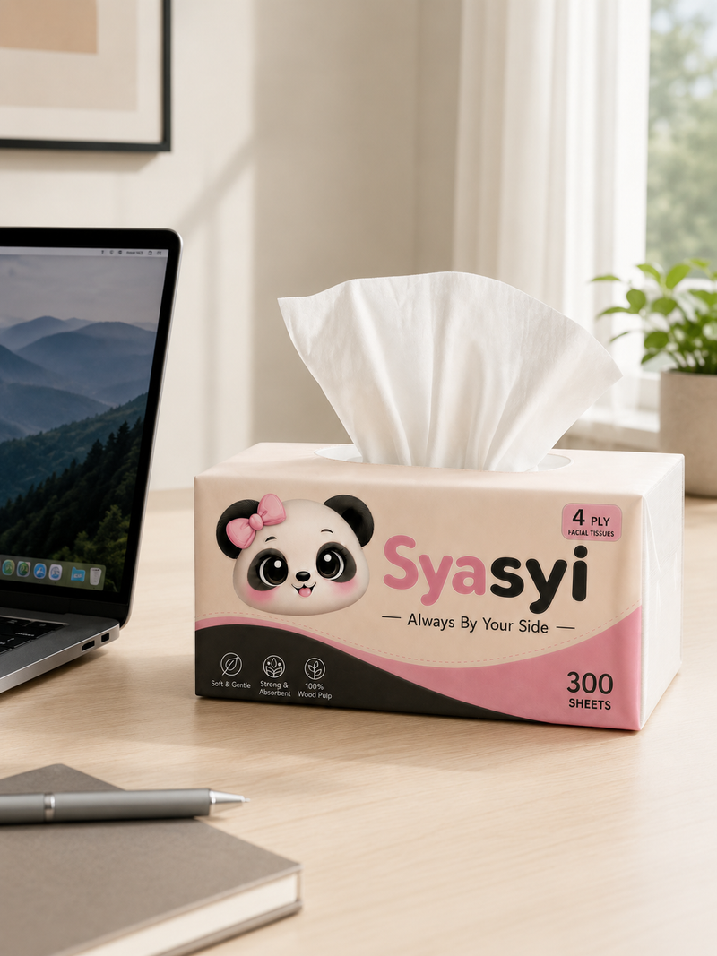 Syasyi facial tissue soft pack beside a laptop on a bright desk