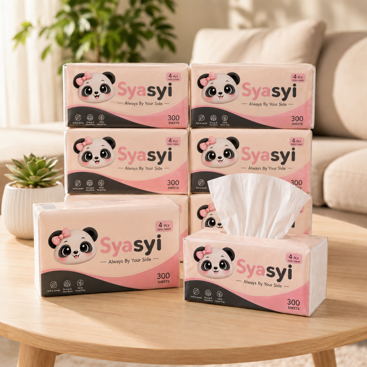 Syasyi 4-Ply Facial Tissue, stacked soft packs lifestyle shot