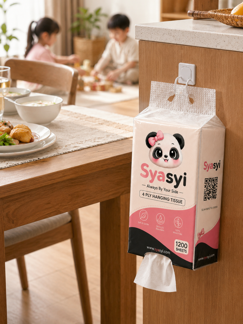Syasyi hanging tissue mounted beside a dining table, within easy reach at mealtime