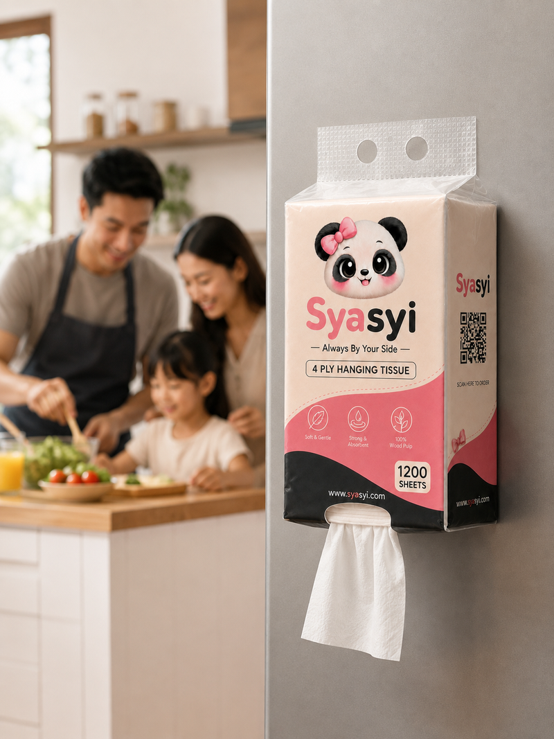 Syasyi hanging tissue mounted on a kitchen fridge, dispensing from the bottom, family cooking in the background