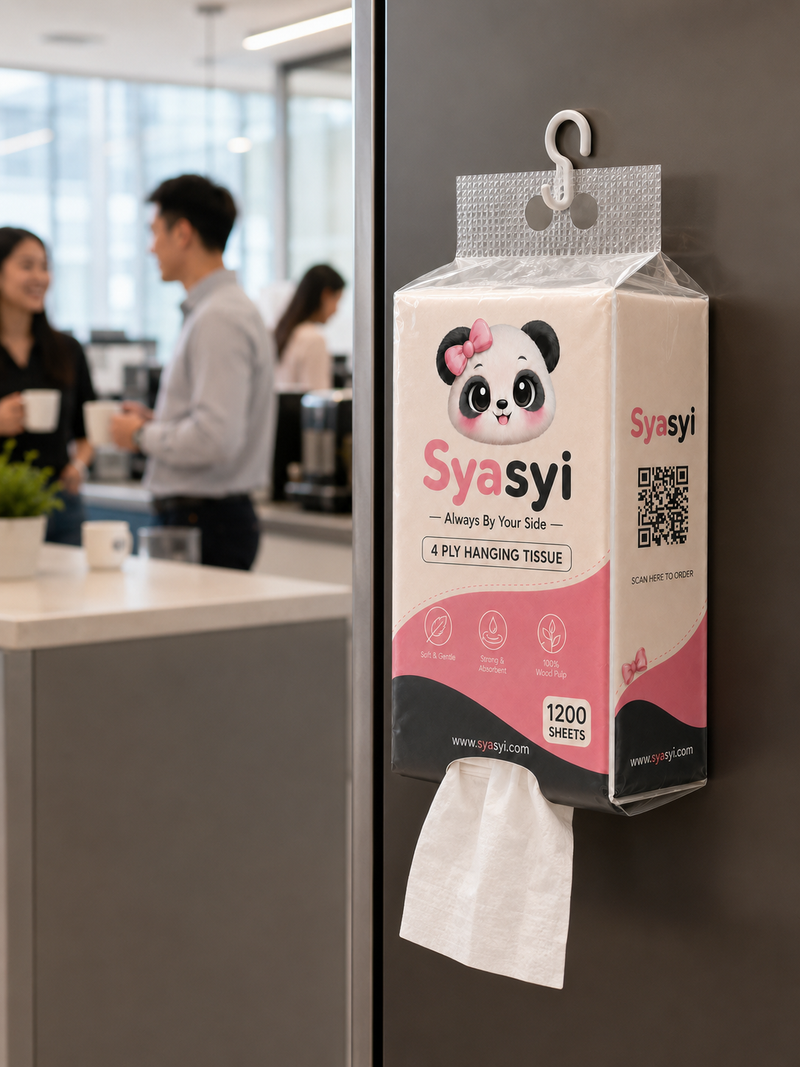 Syasyi hanging tissue mounted in an office pantry area